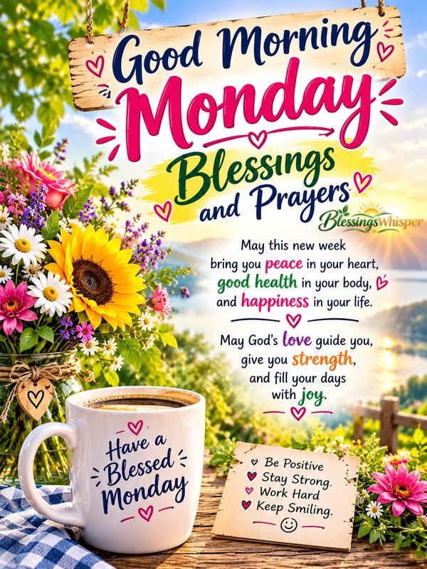 Good morning Monday blessings and prayers with colorful flowers and a peaceful sunrise
