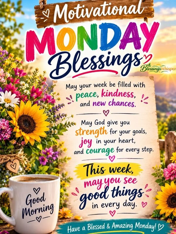 Positive Good Morning Monday blessings with colorful flowers and an uplifting message for a blessed week.