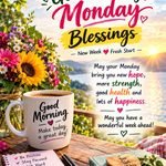 Beautiful Monday morning blessings with flowers, coffee, sunrise, and a positive new week message.